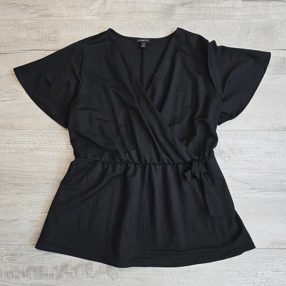 Lane Bryant Black Surplice Peplum Blouse Womens 14/16 Faux Wrap Flutter Sleeve - Picture 3 of 5